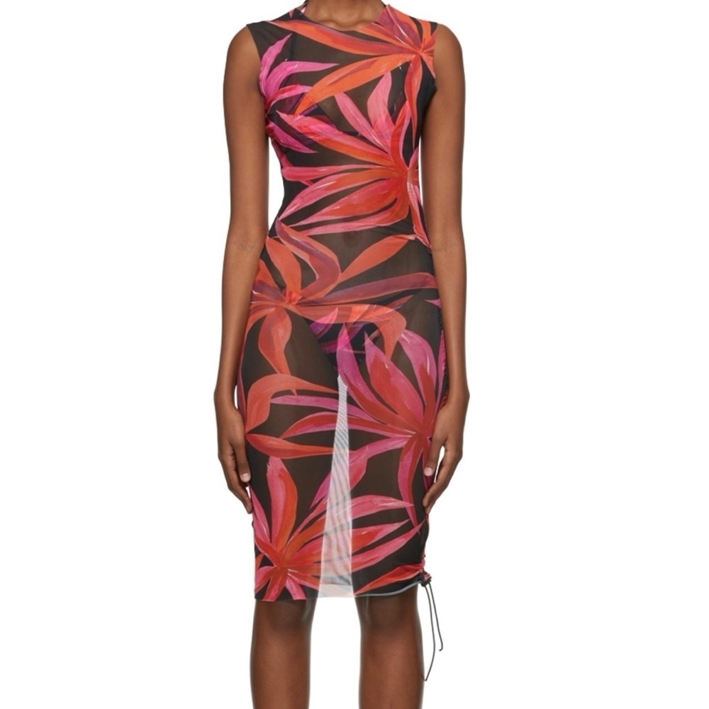LOUISA BALLOU Tropical Pink and Red Sheer Dress - Black Heatwave Dress
